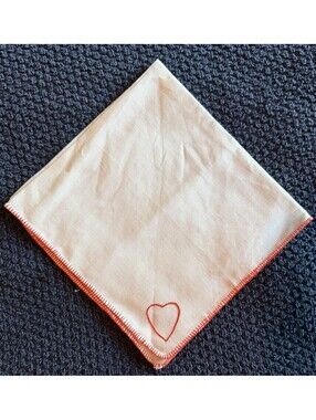 Vintage Cotton Handkerchief White Red Stitched Edge Heart Embroidery